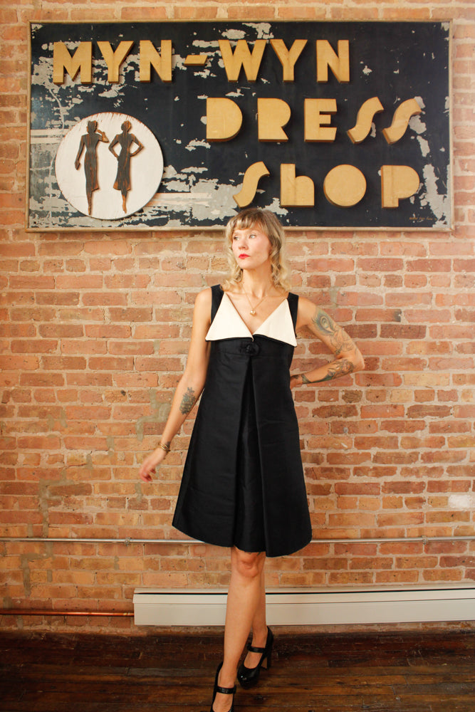 1960s Joseph Navy Blue and Ivory Duponi Silk Dress - Medium