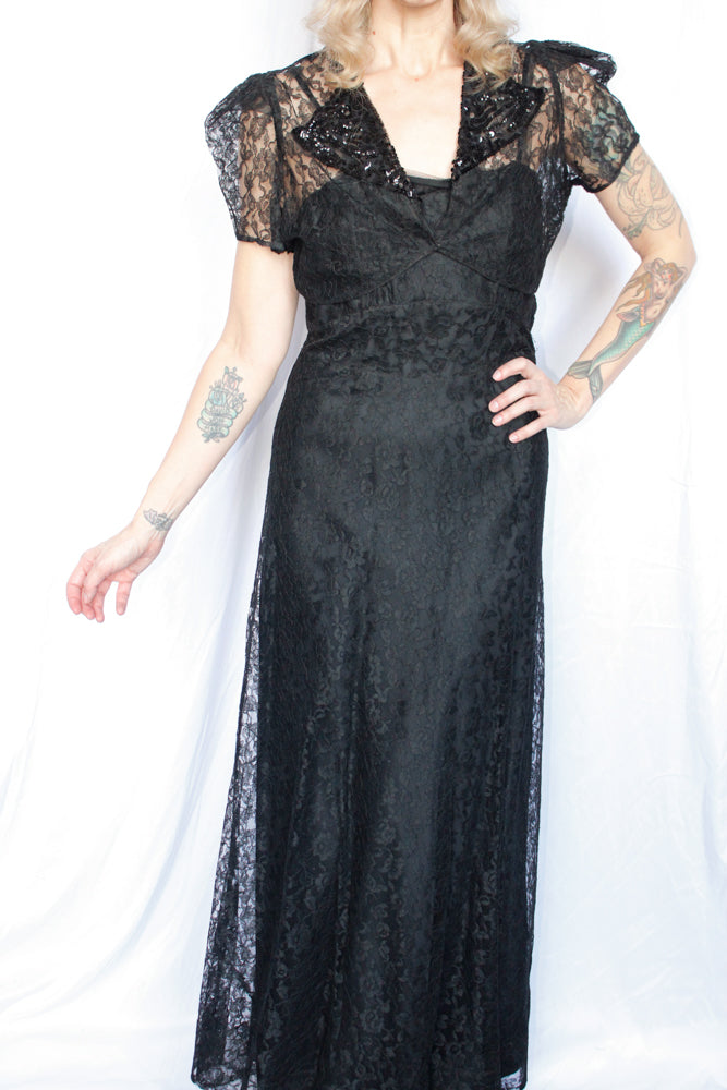 1930s Black Lace Gown & Bolero - Medium