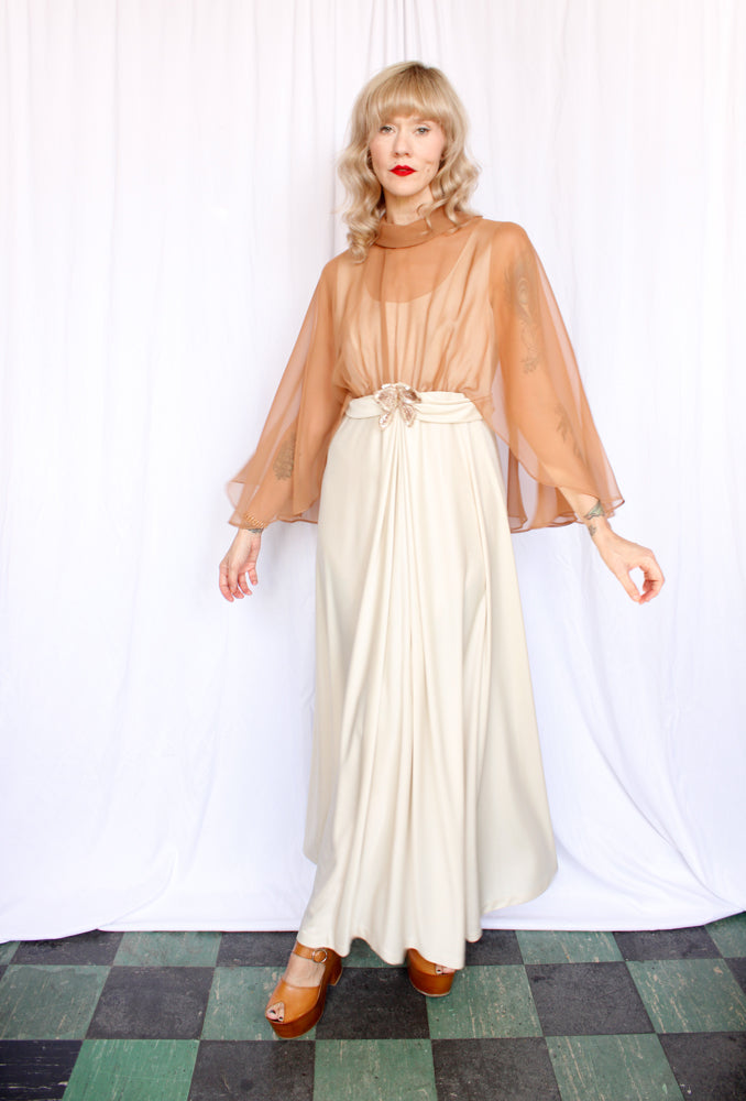 1970s Ivory Jersey Formal Gown - Medium