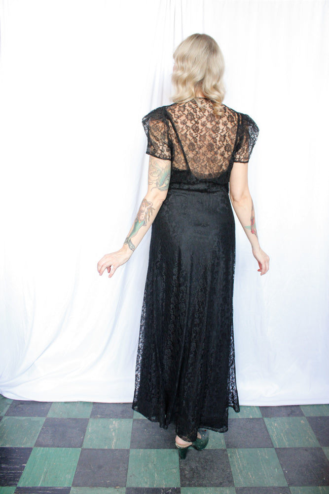 1930s Black Lace Gown & Bolero - Medium