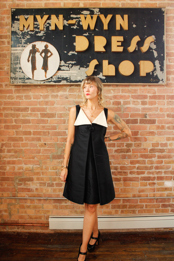 1960s Joseph Navy Blue and Ivory Duponi Silk Dress - Medium