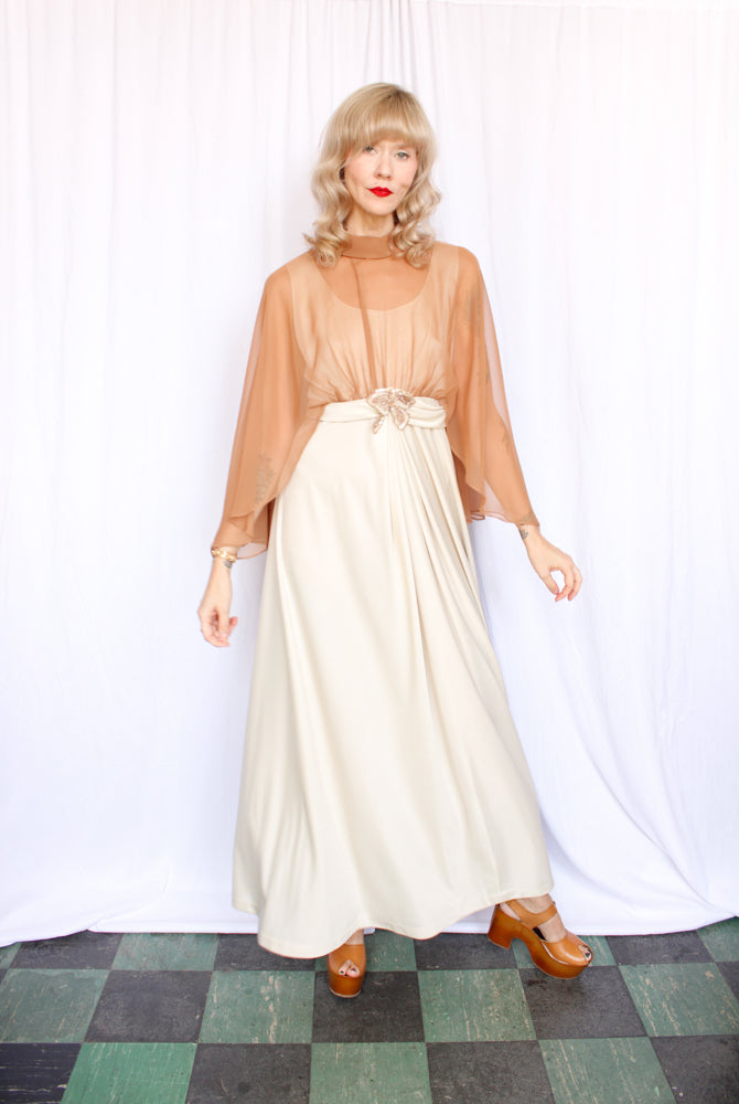 1970s Ivory Jersey Formal Gown - Medium