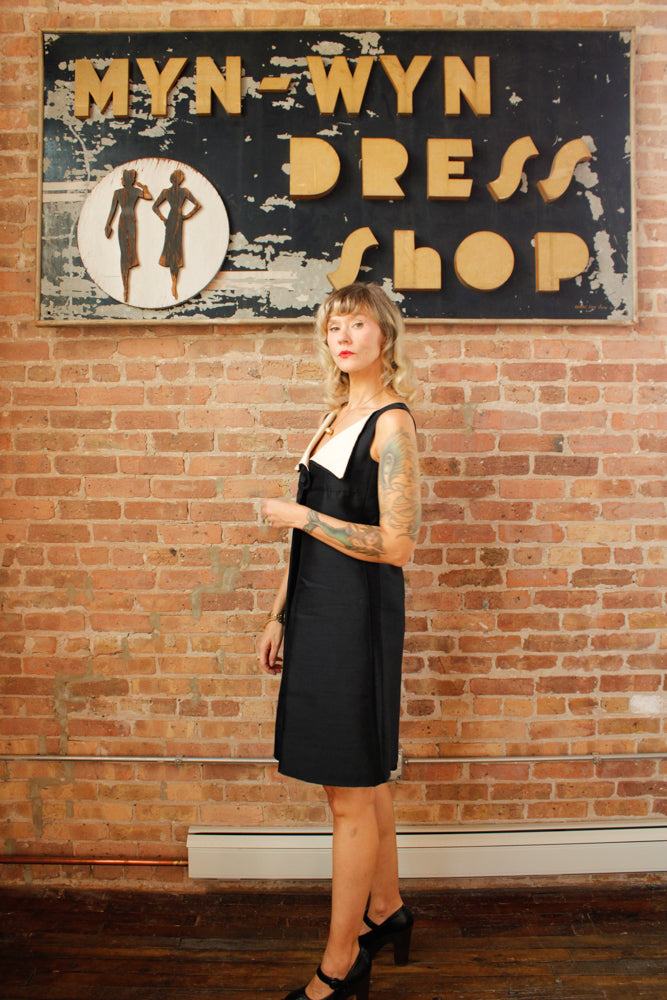 1960s Joseph Navy Blue and Ivory Duponi Silk Dress - Medium