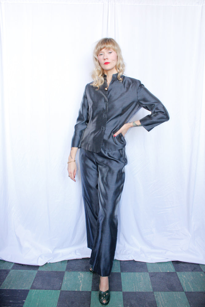 1990s Giorgio Armani Silk Gun Metal Suit - Medium