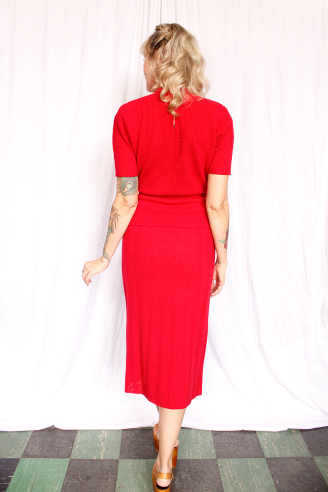 1940s Berry Red Knit 3pc Set Sweater+Skirt+Belt - Med