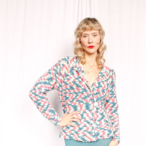 1940s Pink & Blue Crochet Sweater - Med to Large