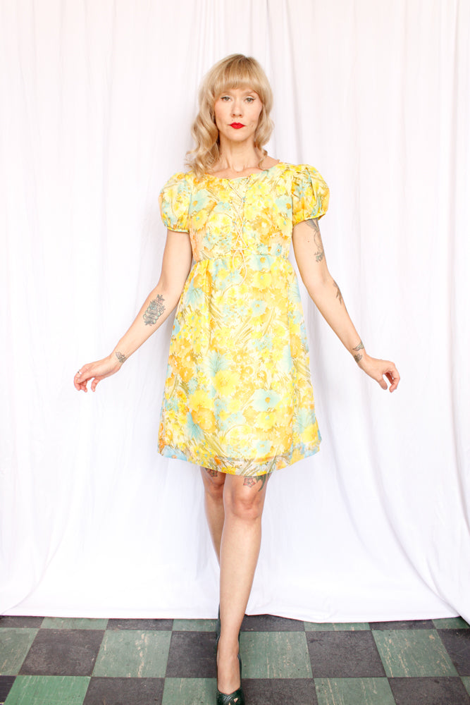 1960s Sunny Floral Mini Dress - Small