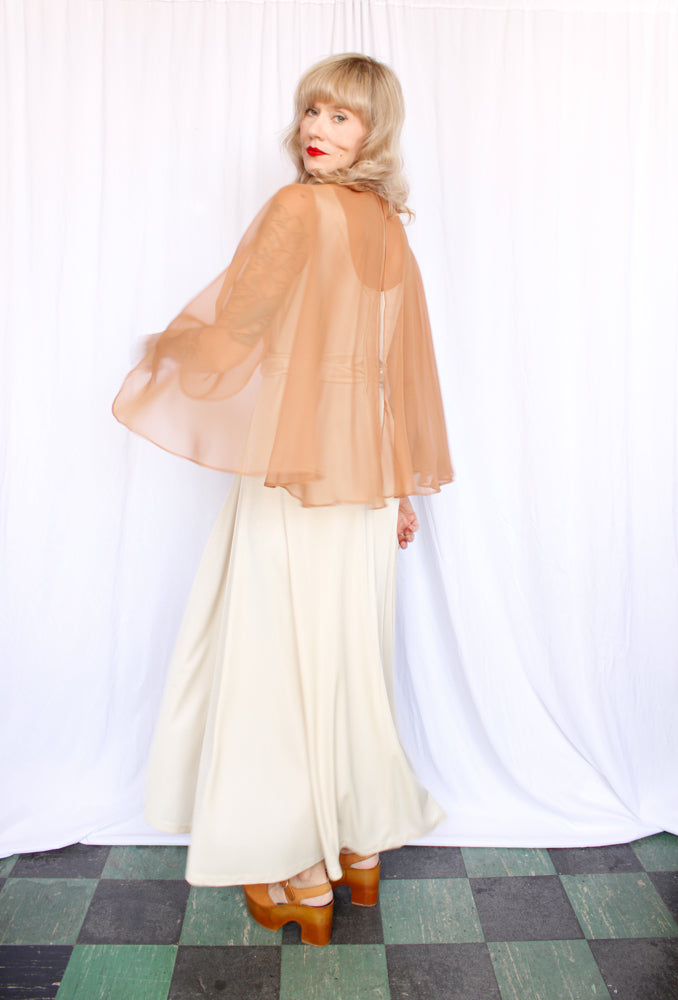 1970s Ivory Jersey Formal Gown - Medium