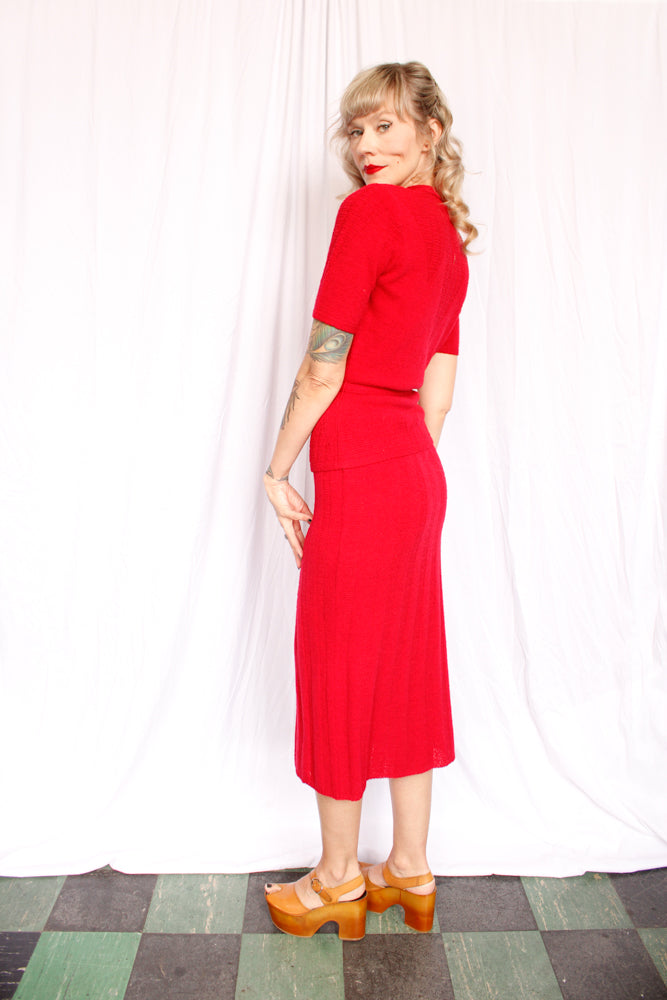 1940s Berry Red Knit 3pc Set Sweater+Skirt+Belt - Med