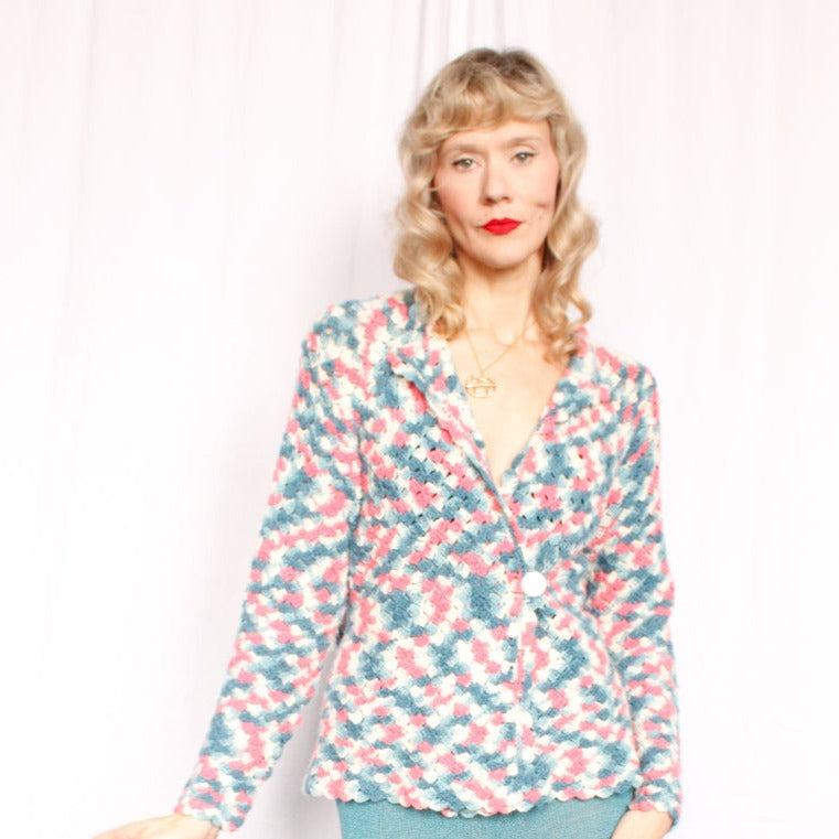 1940s Pink & Blue Crochet Sweater - Med to Large
