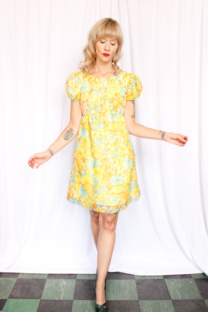 1960s Sunny Floral Mini Dress - Small