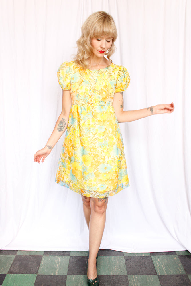 1960s Sunny Floral Mini Dress - Small