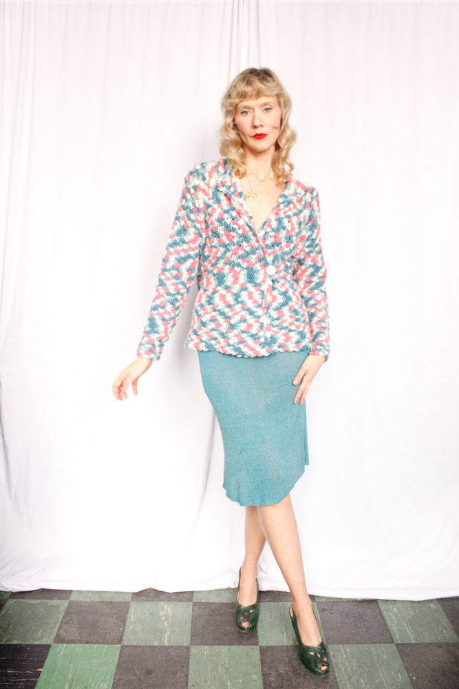 1940s Pink & Blue Crochet Sweater - Med to Large