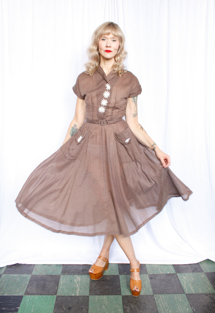 1950s Swiss Dot Brown & White Johnnye Dress - Small