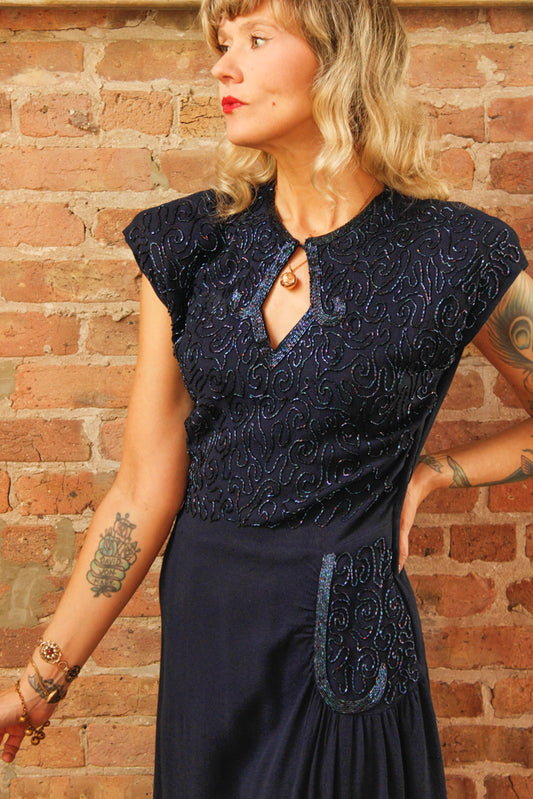 1940s Beaded Sapphire Blue Rayon Crepe Dress - Large
