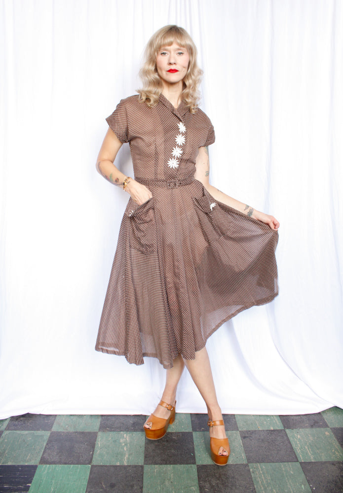 1950s Swiss Dot Brown & White Johnnye Dress - Small