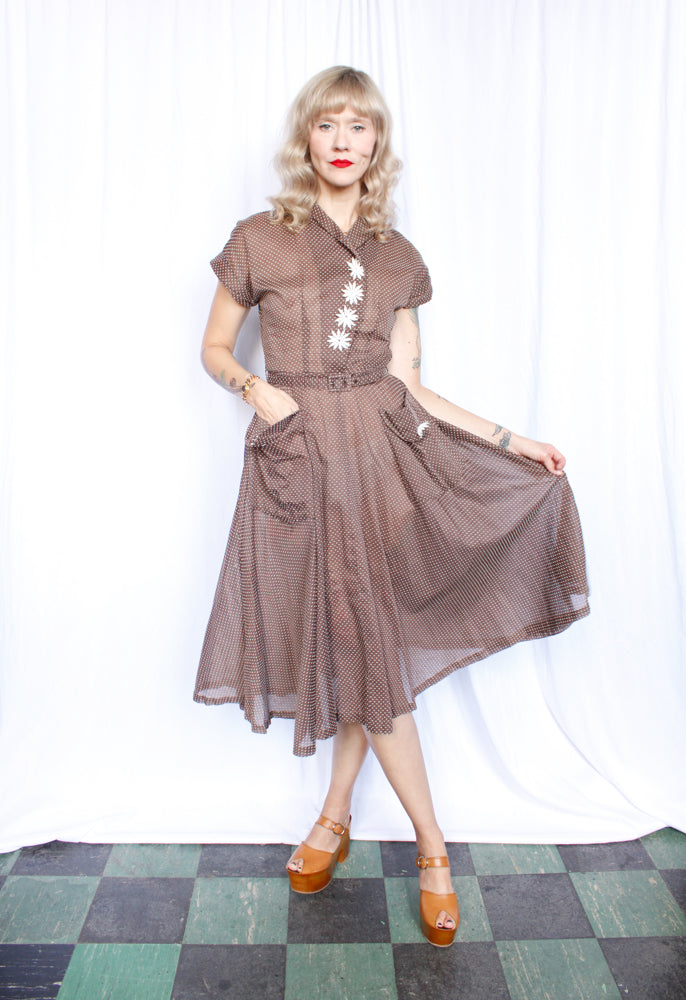 1950s Swiss Dot Brown & White Johnnye Dress - Small