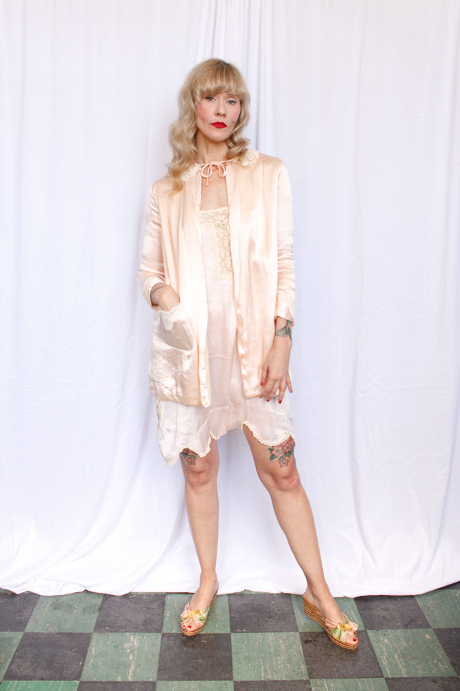 1930s Silk Satin Bed Jacket with Wool Lining - Small