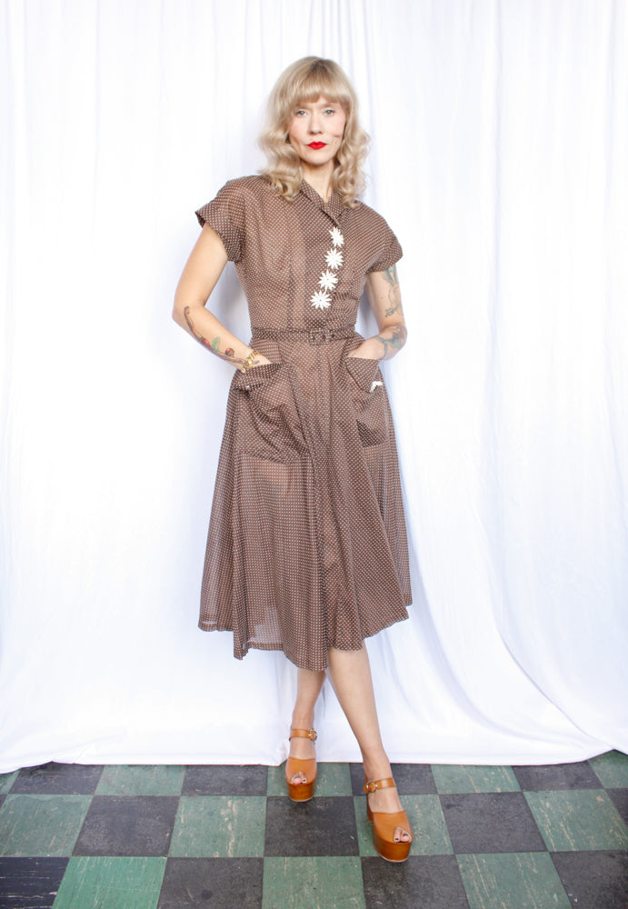 1950s Swiss Dot Brown & White Johnnye Dress - Small