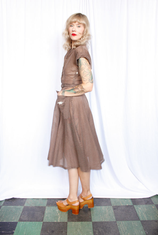 1950s Swiss Dot Brown & White Johnnye Dress - Small