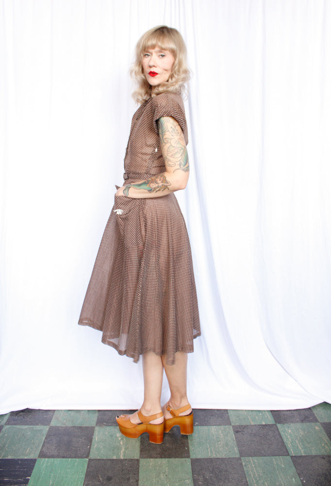 1950s Swiss Dot Brown & White Johnnye Dress - Small