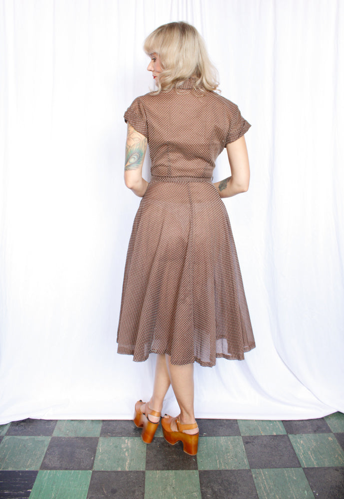 1950s Swiss Dot Brown & White Johnnye Dress - Small
