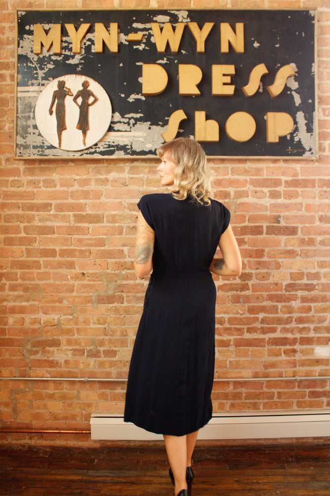 1940s Beaded Sapphire Blue Rayon Crepe Dress - Large