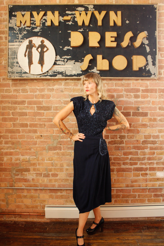1940s Beaded Sapphire Blue Rayon Crepe Dress - Large