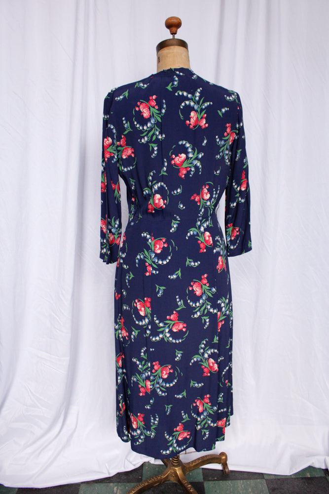 1940s Floral Cold Rayon Dress - Medium