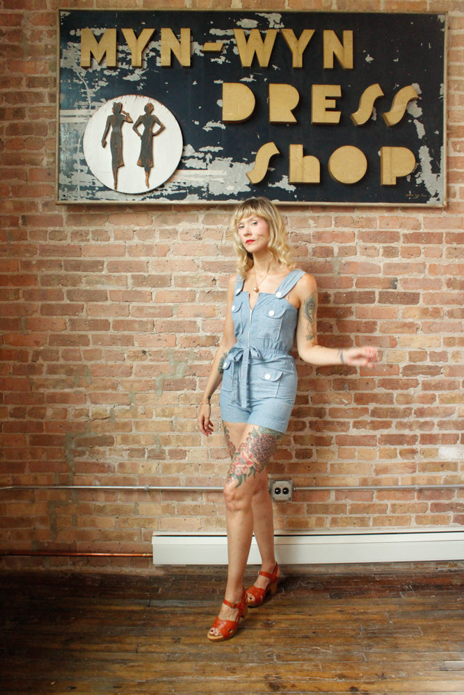 1970s Chambray Zip Front Playsuit - Xsmall