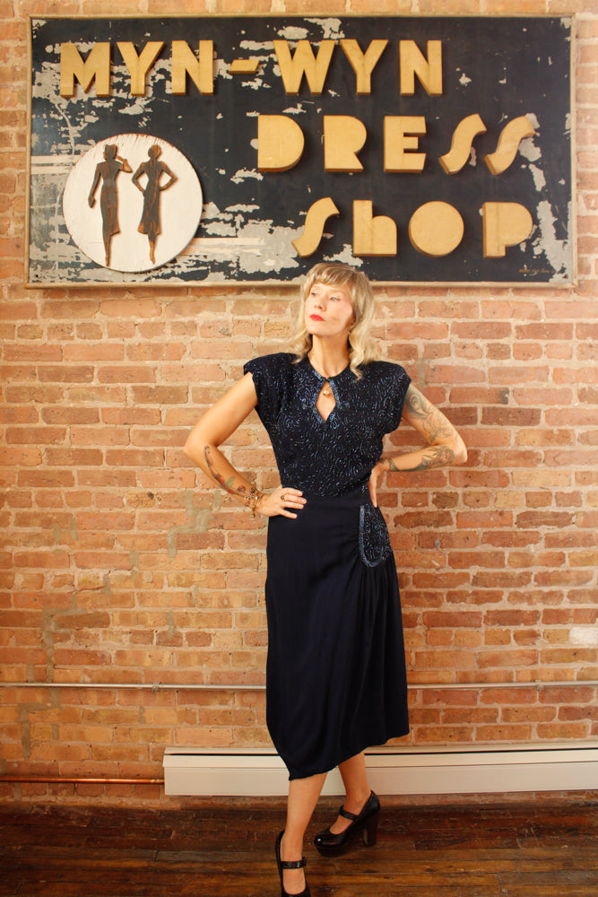 1940s Beaded Sapphire Blue Rayon Crepe Dress - Large