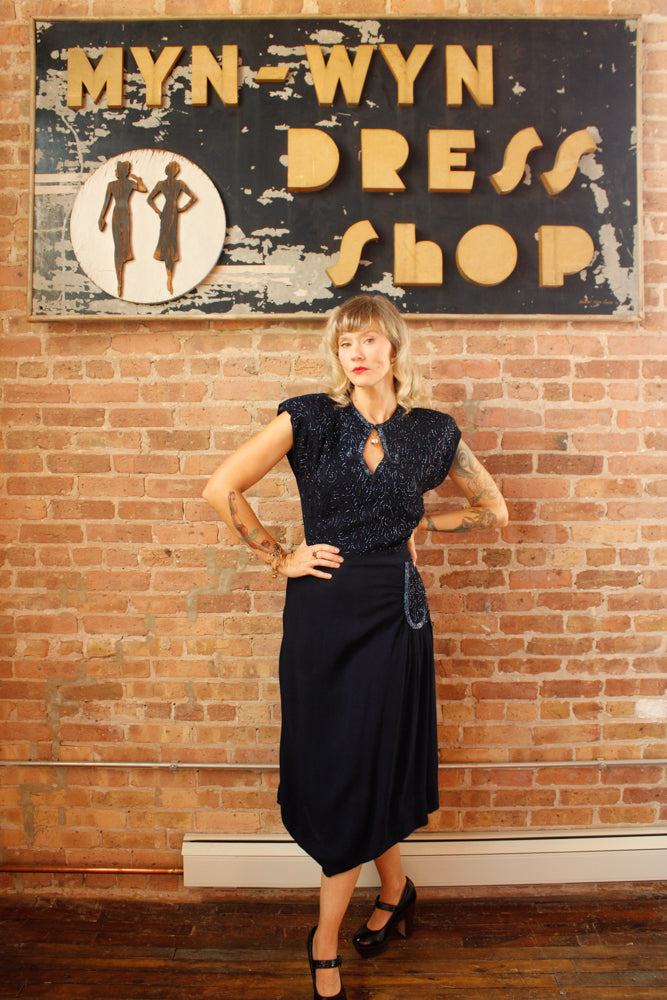 1940s Beaded Sapphire Blue Rayon Crepe Dress - Large
