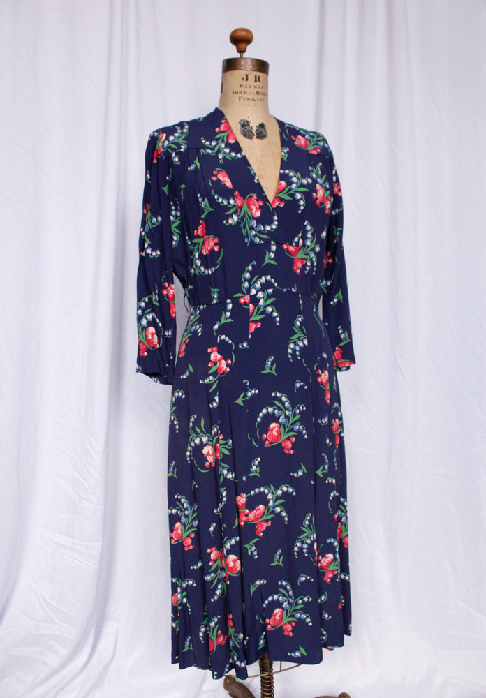 1940s Floral Cold Rayon Dress - Medium