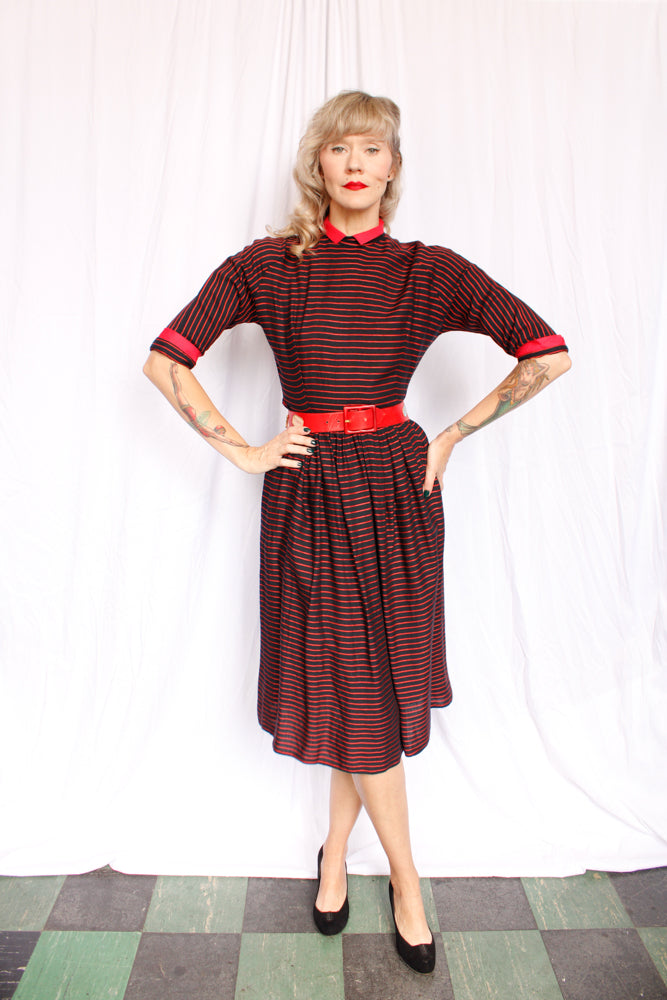 1950s Black & Red Striped Full Skirt Dress - Small