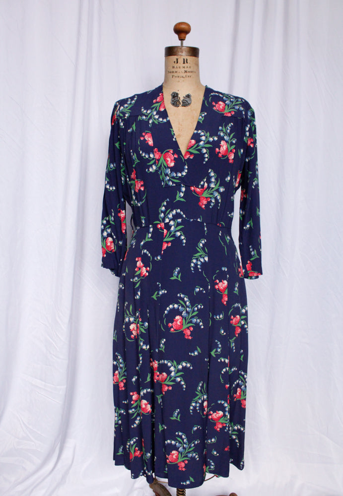 1940s Floral Cold Rayon Dress - Medium