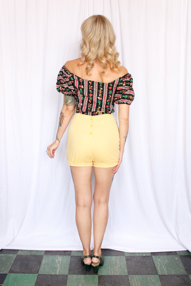 1950s Puff Sleeve Cactus & Guitars Novelty Print Blouse - Xsmall