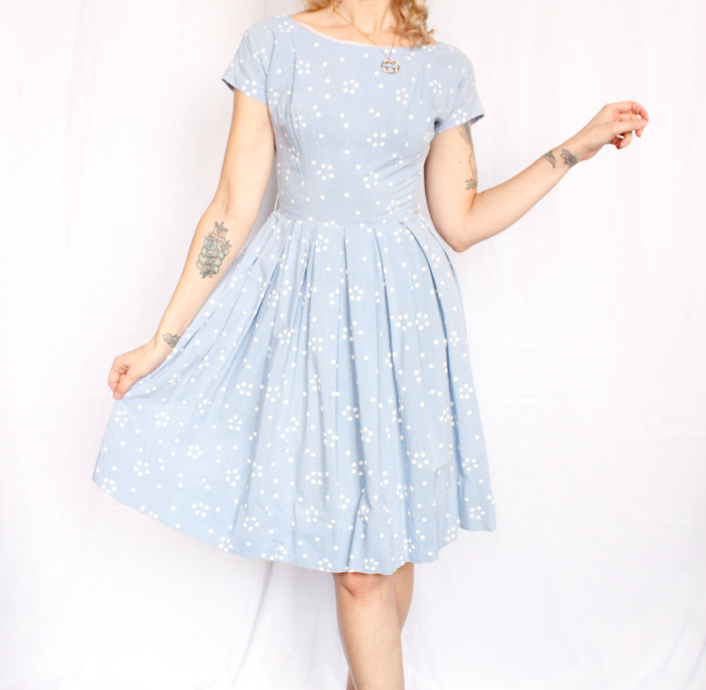 1950s Snowflake Icy Blue Dress - Xsmall