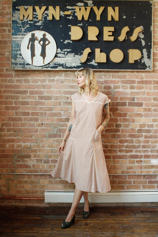 1920s Striped Cotton House Dress - Large
