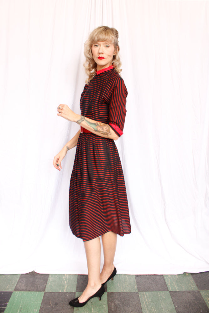 1950s Black & Red Striped Full Skirt Dress - Small