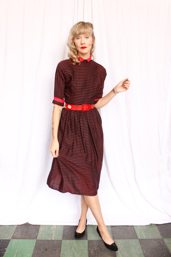 1950s Black & Red Striped Full Skirt Dress - Small