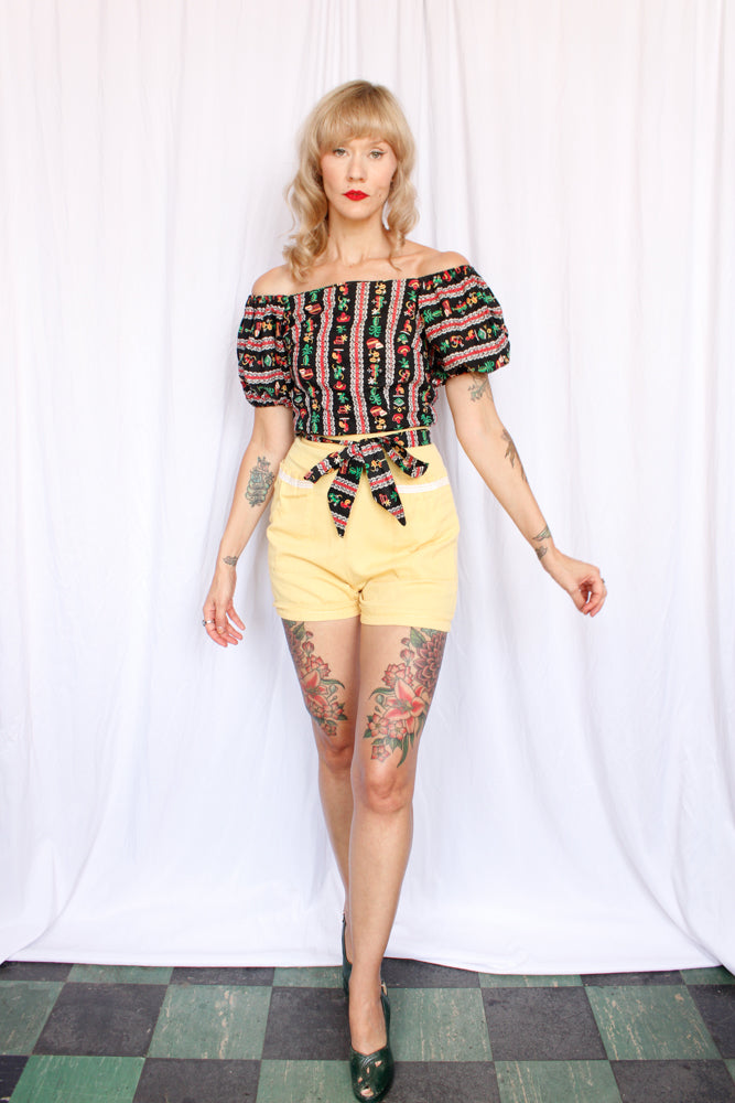 1950s Puff Sleeve Cactus & Guitars Novelty Print Blouse - Xsmall
