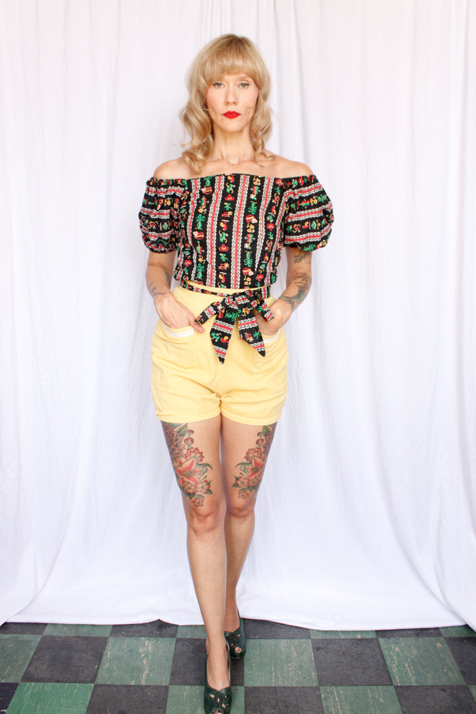 1950s Puff Sleeve Cactus & Guitars Novelty Print Blouse - Xsmall