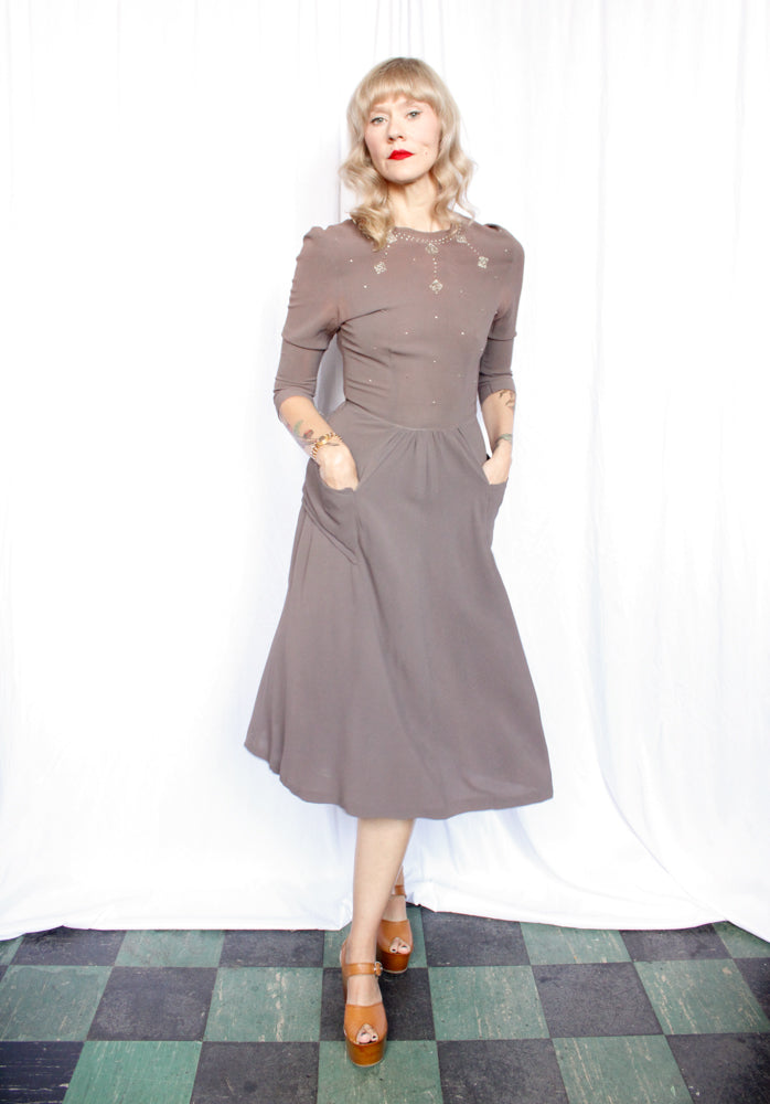 1940s Grayish Brown Rayon Studded Dress - Small