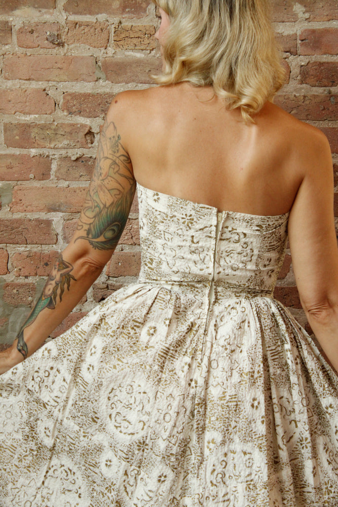 1950s Gold Flocked Strapless Party Dress - Small