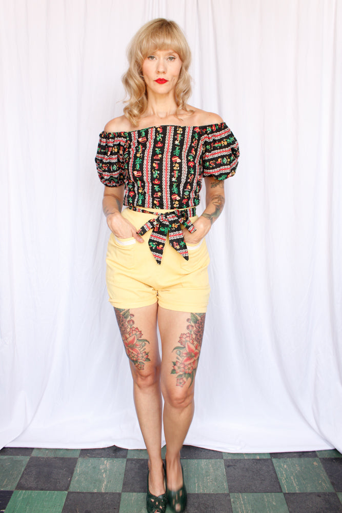 1950s Puff Sleeve Cactus & Guitars Novelty Print Blouse - Xsmall