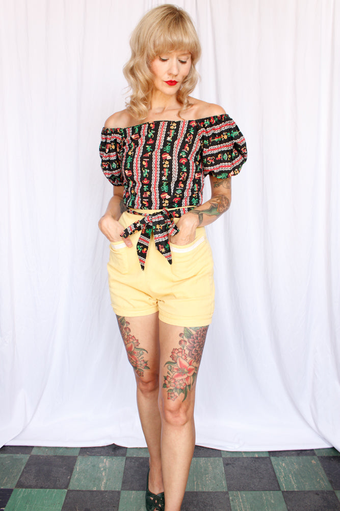 1950s Puff Sleeve Cactus & Guitars Novelty Print Blouse - Xsmall