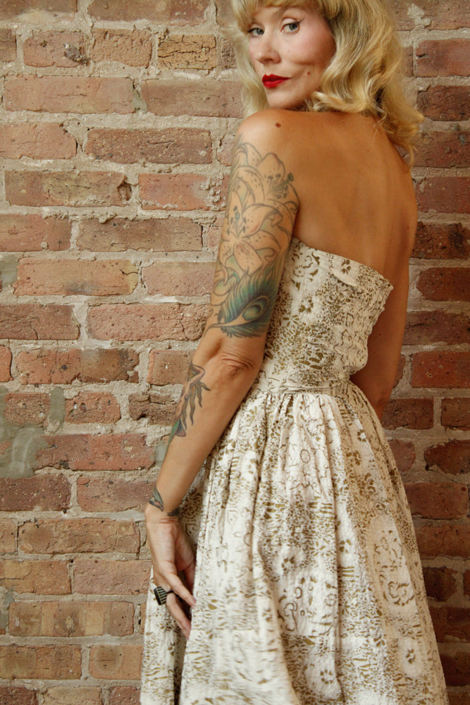 1950s Gold Flocked Strapless Party Dress - Small