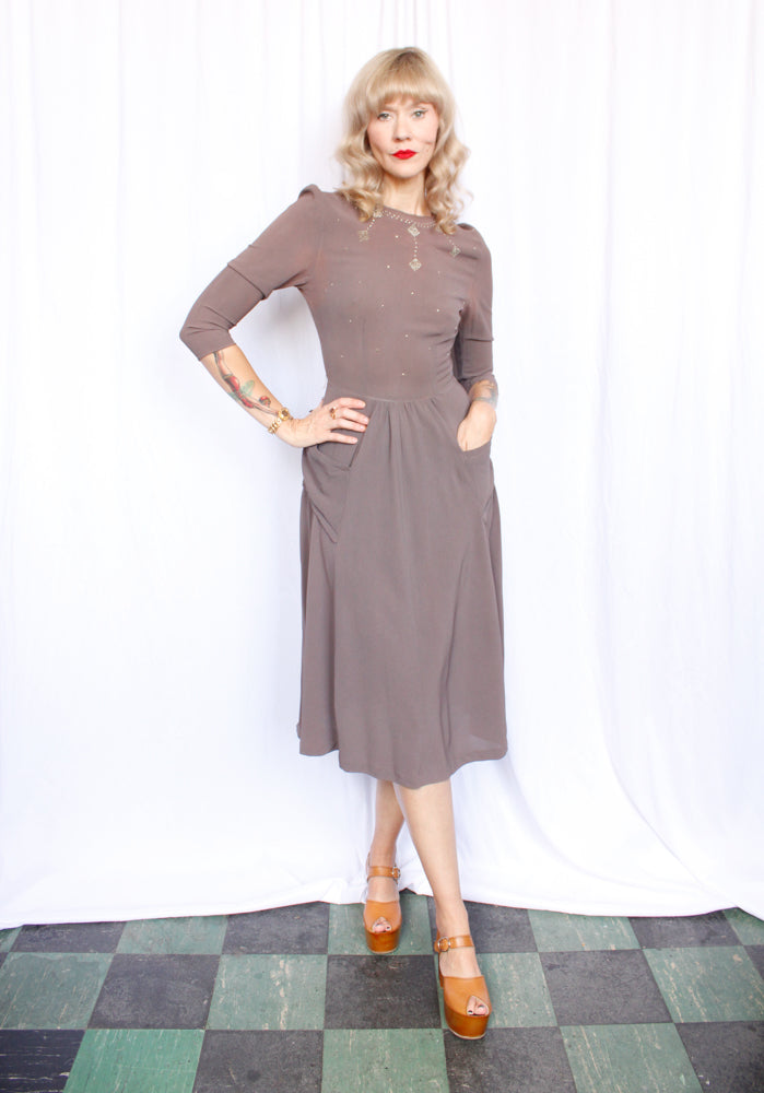 1940s Grayish Brown Rayon Studded Dress - Small