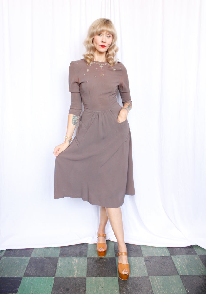 1940s Grayish Brown Rayon Studded Dress - Small