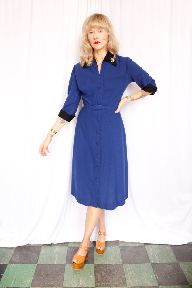 1950s Georgiana Blue Wool Dress - Small